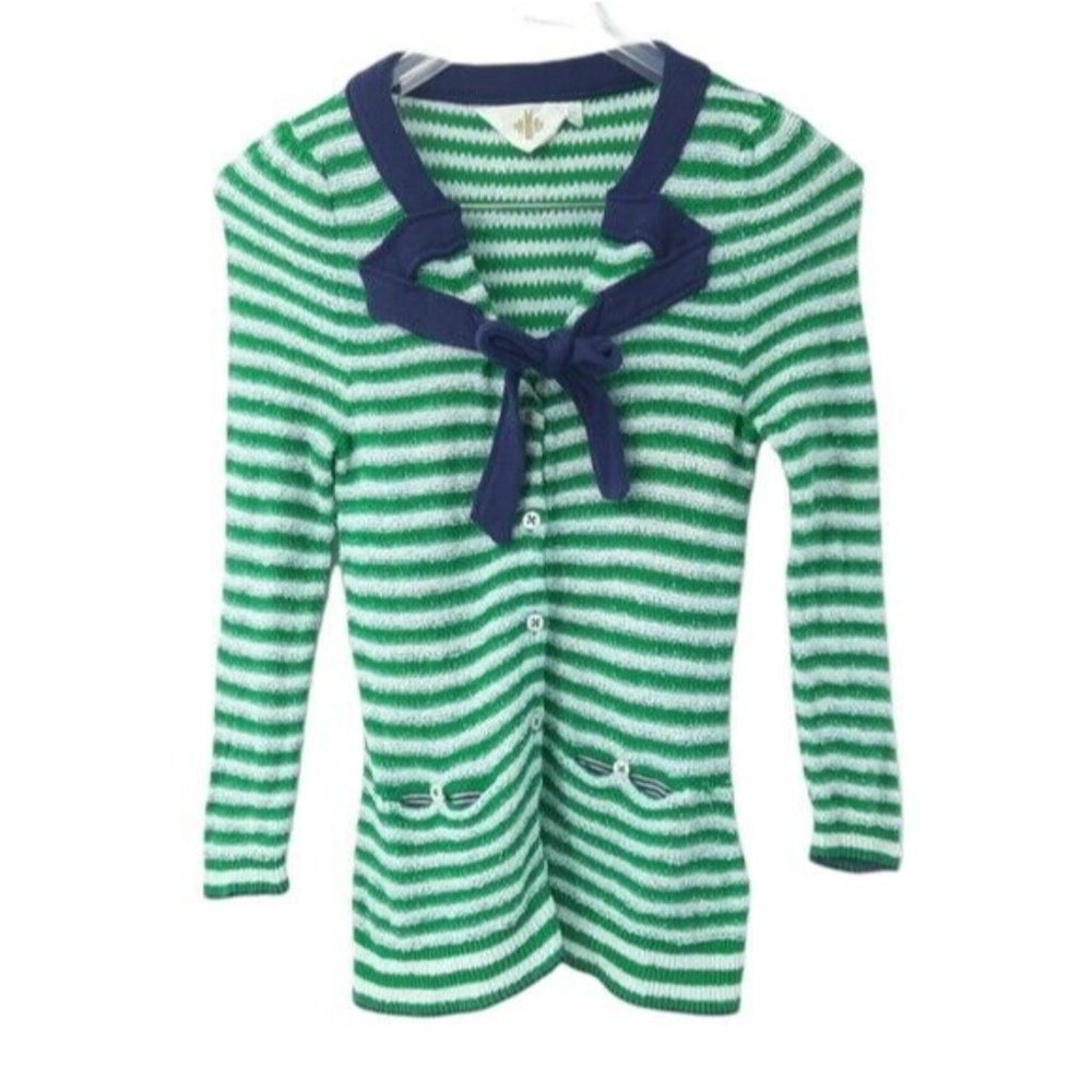 Anthropologie HWR Green White Striped Puff Sleeve Navy Blue Tie Neck Cardigan XS - Picture 7 of 11